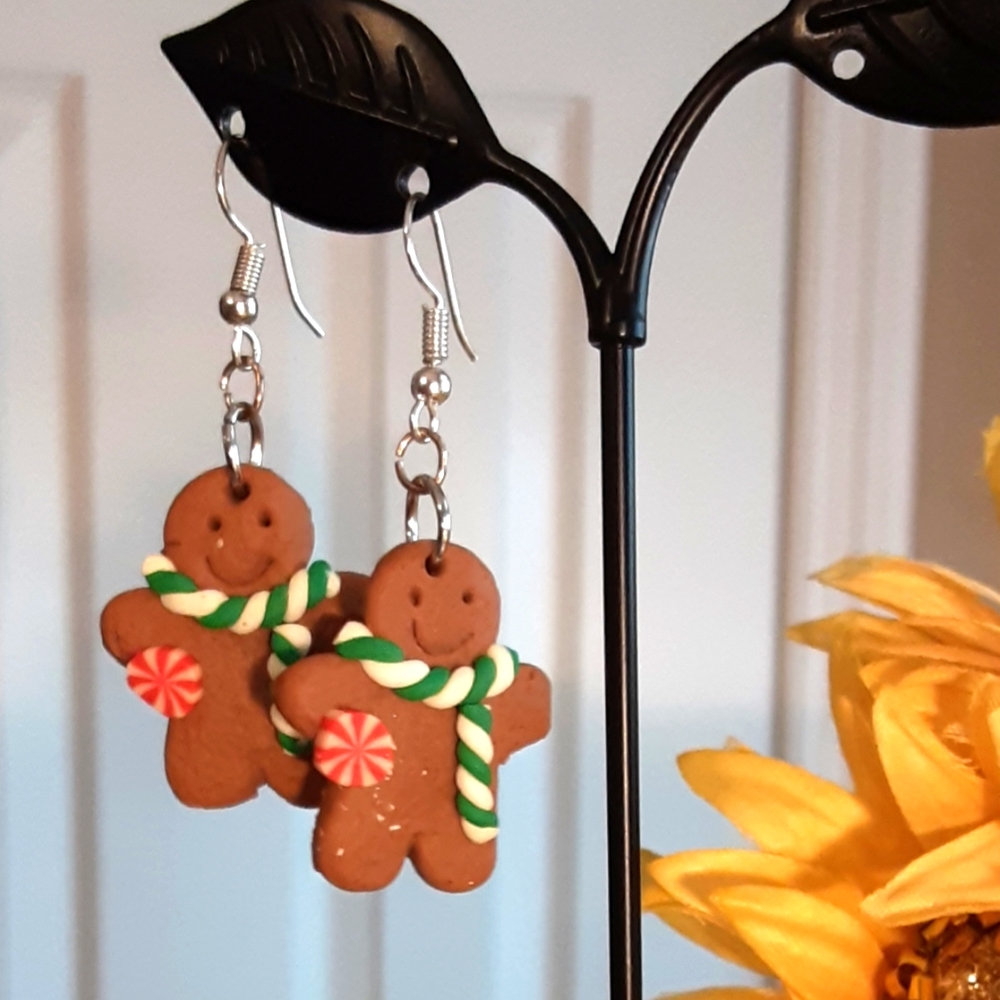 Hand Crafted Gingerbread Man Brown Green Earrings Pierced